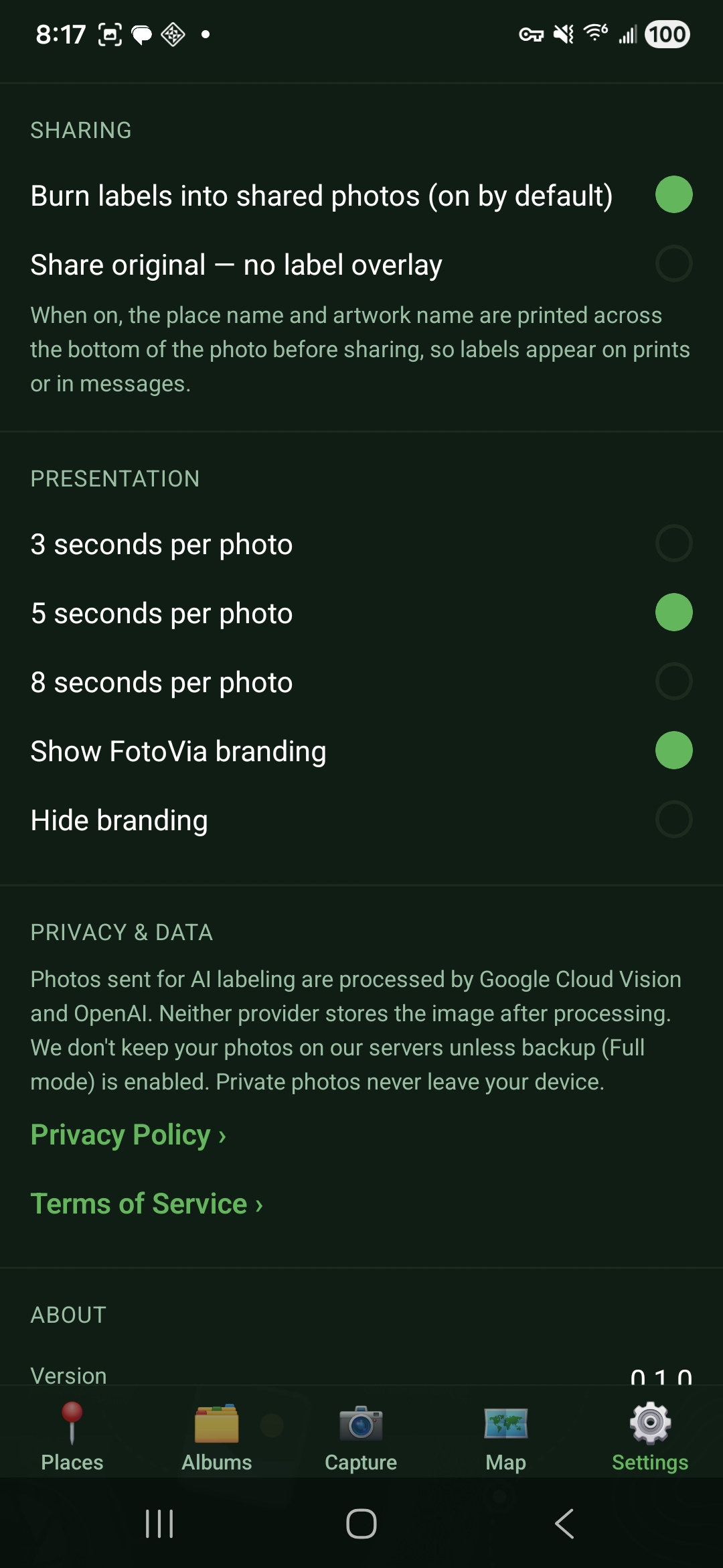 FotoVia - Sharing and privacy controls