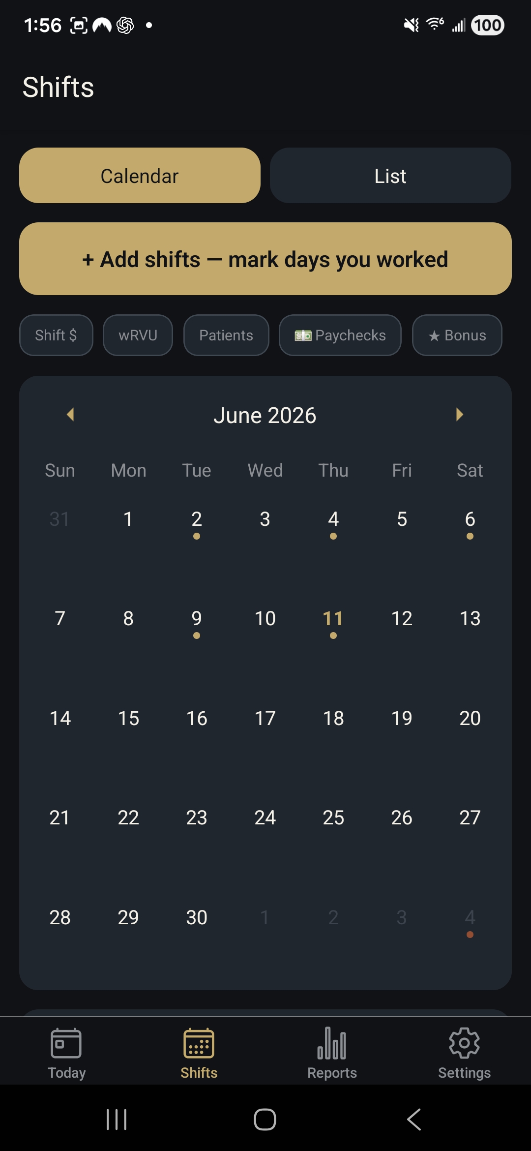 Tatanka Ledger - Shift calendar with pay and wRVU overlays